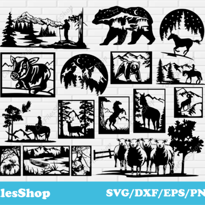 Nature scenes vector cut files for laser cutting, DXF for cnc, svg files for cricut, svg for vinyl cutting, Wall decor for laser cutting, rider dxf, horse dxf, horse scene dxf files, bear scene dxf files, sheep scene dxf, cowboy dxf files, decor dxf for cutting, wall art vector files