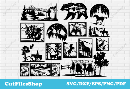 Nature scenes vector cut files for laser cutting, DXF for cnc, svg files for cricut, svg for vinyl cutting, Wall decor for laser cutting, rider dxf, horse dxf, horse scene dxf files, bear scene dxf files, sheep scene dxf, cowboy dxf files, decor dxf for cutting, wall art vector files