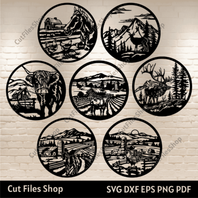 Farm Animals dxf for Laser, Plasma cutting, Svg for Cricut, Silhouette, CNC files for Cutting Machines, Farm life glowforge cut files, Circle panels dxf, Download Decorative Circle wall art decor, Cut files shop, horse dxf, elk svg, cow dxf, deer dxf for