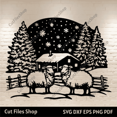 SVG Christmas Farm with Sheep, Cut Files for Cricut & Glowforge, DXF for CNC, Sublimation Design for Holiday Decor, Best Christmas Site