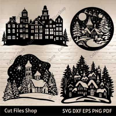 Christmas Village Svg, Christmas Church Cut files for Cricut & Glowforge, Dxf for CNC, Winter Scene Clipart, DIY Holiday Decor, Santa Sleigh Svg