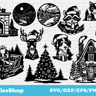 Christmas SVG, Santa sleigh svg, Christmas SVG Bundle, Christmas For Cricut, Christmas decor dxf for laser cut, Christmas animals, Christmas dog svg, Christmas house svg, santa claus svg, Christmas town svg, Christmas cat svg, Christmas Train svg, Christmas deer svg, Christmas tree svg, Free Christmas svg bundle, Dxf decor christmas free, t-shirt Christmas, christmas gifts