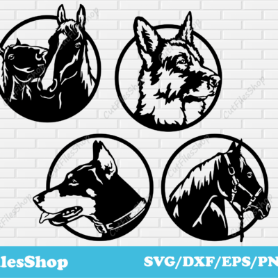 Circle animals decor dxf for plasma cutting, dxf files for laser cut, Svg circle decor for cricut, horses circle decor dxf, dog wall decor dxf, Doberman decor dxf for laser cut, plasma circle decor cutting, German Shepherd dxf files for plasma