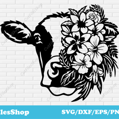 Cow with flowers svg cut file for cricut, cow dxf for laser cut, Cow svg for shirts, Cow face svg dxf, animals svg for shirts, cricut design space svg images, flowers svg for shirts, farm animals svg dxf, cow for cricut