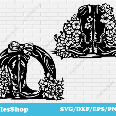 Cowboy boots with flowers svg, cowboy boots dxf for laser, Cowgirl boots svg, flower shoes svg, cowboy svg, silhouette cowboy boots svg, free vector images, free png for sublimation