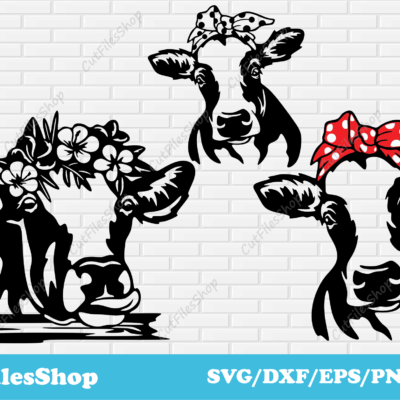 Cow head with flower wreath svg cut files for cricut, svg for shirts, dxf files download, stickers making svg, cow scene dxf, cow scene svg, peeking cow svg dxf, cricut files, cutting metal dxf, files for laser engaving, digital prints, cow png dxf svg eps, cow vector, shirt cow svg