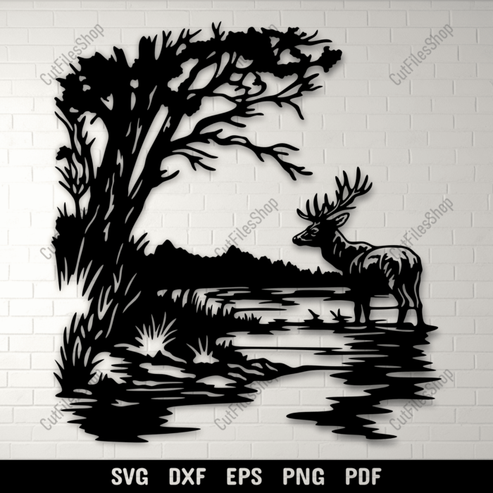 Detailed Deer in Lake SVG, Cut Files for Cricut Projects, DXF for CNC Laser, DIY Sublimation Design