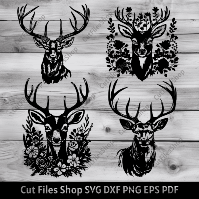 Deer with Flowers svg, Deer cut files for Cricut, Deer Head Dxf, Cnc files for Laser cut, Deer Dxf for Plasma, Animals head svg, Animals art dxf, Animals with flowers svg, dxf for cnc router, deer png for sublimation, Silhouette deer, deer head papercraft, vinyl cut deer