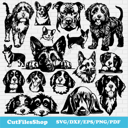 Dogs Svg for Cricut, Dxf dog for Laser, Dxf for Cnc Plasma, German Shepherd svg, Peeking dogs svg, Hunting dog dxf, border collie svg, Labrador Retriever svg, spaniel dog svg, beagle dog svg, dog portraits svg, Custom Dog Svg, terrier dog svg, dogs cut files, free svg, Pembroke Welsh Corgi svg, bulldog svg, free dxf dogs, bundle svg dogs