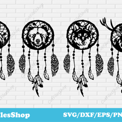 Dream catchers svg cutting files for cricut, animals cnc designs, vector for t-shirt, dxf for engraver, animals art dxf, eagle dxf files, bear art dxf, wolf dream catchers dxf, deer art svg for cricut, feathers svg files, digital design, cnc cutting design