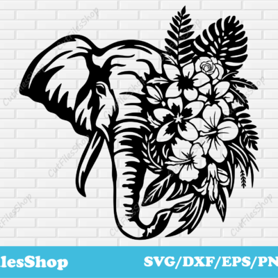 Elephant with flowers svg cut file for cricut, Dxf for cnc laser cutting, svg shirts designs, Elephant svg dxf, Cut files shop, flowers svg dxf, flowers shirts designs vector, download vector images, cnc files for cutting, plasma dxf files, svg art, dxf scene, animals scene dxf, animals art