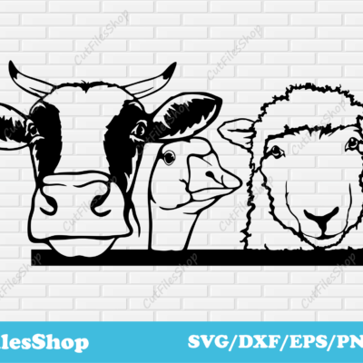 Farm animals for cricut, peeking animals svg, dxf images cnc, vector t-shirt art, t-shirt designs, cnc cutting designs, cnc cut vinyl, dxf art files, cute animals dxf, animals for cricut, cow dxf svg, goose dxf svg files, sheep svg dxf files