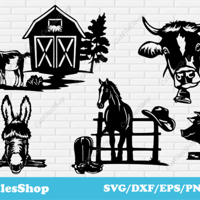 Farm scenes dxf, farm animals svg dxffor cricut, card making svg, cnc plasma files, farm life dxf, cow  scene dxf, horse scene dxf, goat scene dxf, pig scene dxf, donkey scene dxf, farm house dxf, CNC files for Laser Cutting, DXF for Plasma cut, Svg for cricut, Engraving cnc files, Silhouette cameo images, Metal cutting files