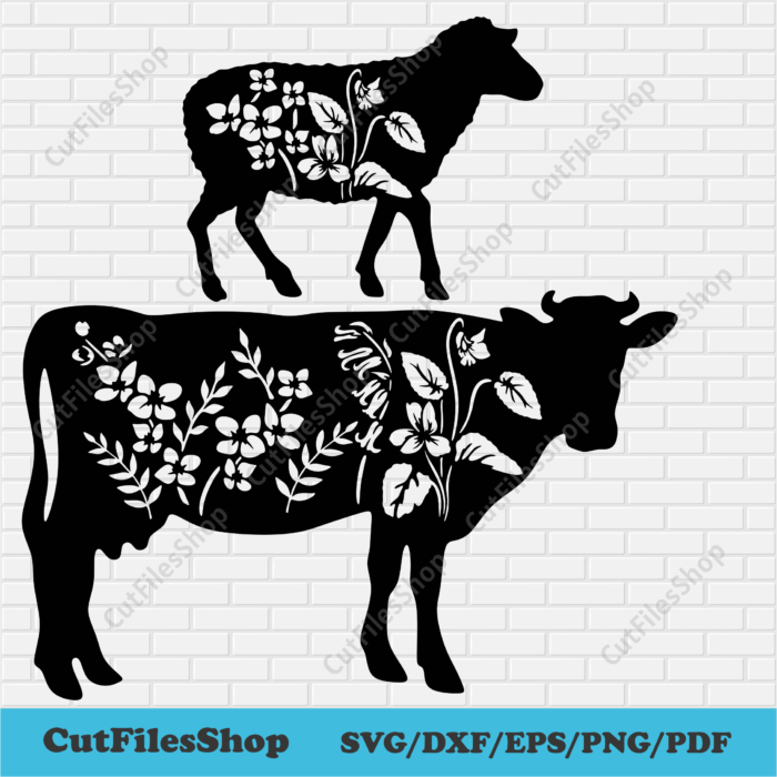 Floral Farm Animals svg for Cricut, Farm animals Dxf for laser cut, Cow svg, Sheep svg, Animals stencil dxf for Cnc Plasma, Farm life svg, cow cut file, sheep dxf for laser, farm dxf, silhouette farm animals