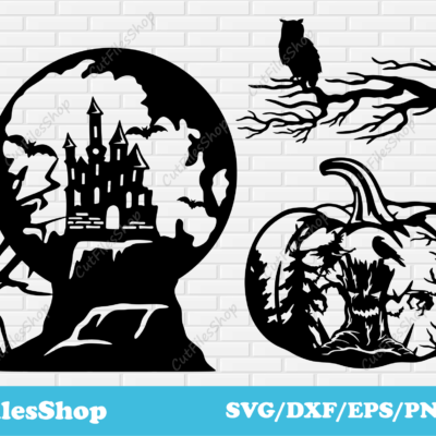 Halloween scenes dxf for laser cutting, dxf halloween for decor making, Halloween for cricut, haunted castle halloween, halloween owl, png happy halloween, party halloween svg, halloween decor dxf for home, halloween stickers, clip art halloween, dxf for halloween, scary tree svg