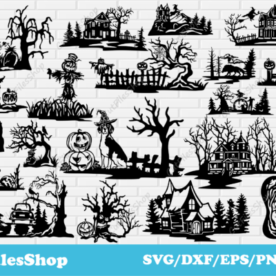 Halloween scenes dxf files for Laser, Halloween bundle svg files for Cricut, Halloween decor dxf, Haunted House dxf, fall scene dxf, halloween dog, pumpkins dxf for laser, scarecrow dxf svg, zombie svg art, ghosts svg, witches svg files for cricut, halloween tree dxf, werewolf svg, pumpkins scenes dxf, halloween castle scenes png, halloween cat svg for cricut, funny halloween scenes vector