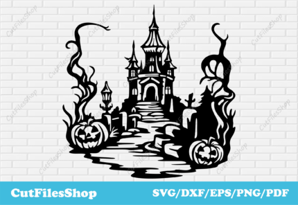 Haunted house dxf cutting files, retro Halloween scene svg, Halloween cut files for Cricut, Dxf for Halloween decor, Fantasy svg, hallooween for laser, halloween pumpkins svg, halloween decor