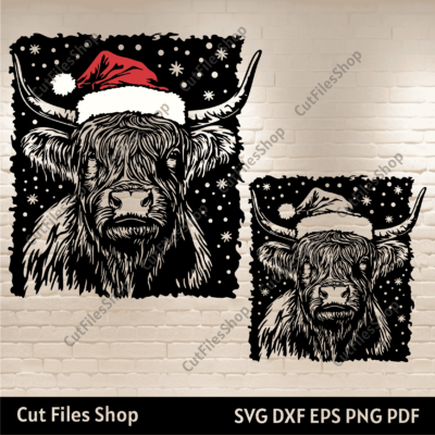 Christmas Highland Cow SVG PNG DXF for Cricut, Silhouette, Glowforge & CNC, Perfect for Sublimation T-Shirt Design