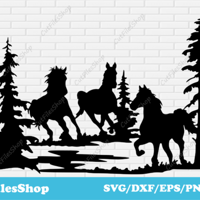 Horses scene dxf for Plasma cut, DXF For CNC, metal art dxf files, cnc design dxf files, Free laser cut files, Horses decor dxf, wild horses dxf, embroidery designs, metal laser cutting design dxf, nature scene dxf, nature decor dxf, free svg files, svg files, dxf files