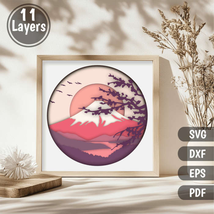 Japanese Mountain Layered Shadow Box SVG, 3D Cricut Design, Glowforge DIY Art Template, Sakura Svg