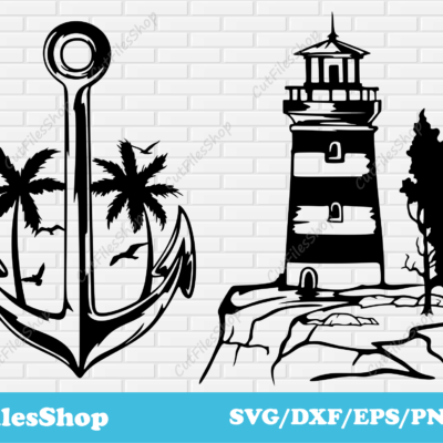 Lighthouse, anchor svg cut files for cricut, dxf for laser, cricut craft ideas, vector for sticker making, anchor dxf, lighthouse dxf, summer for cricut, summer svg files, summer vector images, t shirt summer svg, t shirt art, cricut svgs, palm dxf svg for cricut, cut files