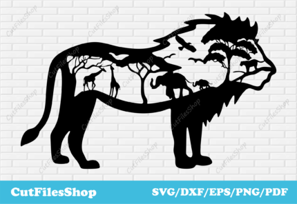 Lion dxf files, african animals dxf, animals scene dxf, svg lion for cricut, Laser cut files, files for Plasma cut, lion vector images, lion clipart