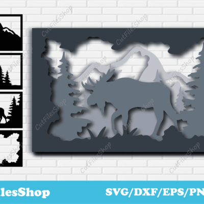 Moose 3D layered Svg Cut Files, Svg for Cricut Explore, Craft Cutting files, shadowbox 3d layered svg, 3d decor dxf, svg for cricut maker, dxf for co2 plasma, moose panel dxf, forest panel dxf