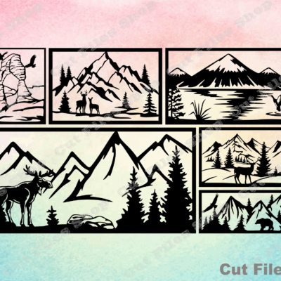 Mountains cut files, nature scene, mountains wall art, animals silhouette, dxf for laser, dxf for cnc