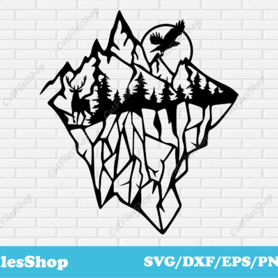 Mountains dxf for plasma cutting, Animals scenes dxf, DXF for cnc cutting, Cut Files Shop, deer scene dxf, eagle scene dxf, forest for laser cutting, sunset dxf svg, cricut cut files