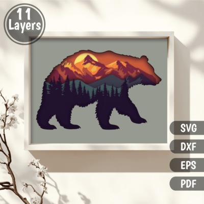 3D Layered Bear Mountains SVG, Shadow Box Template, Cricut Project, Multilayer Papercraft Design