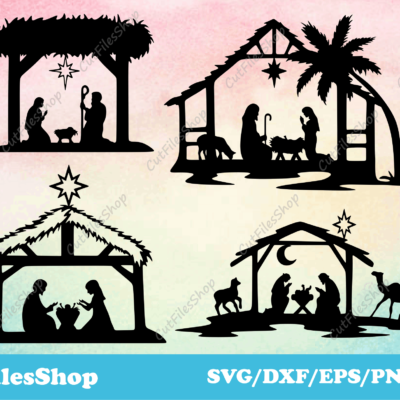 Nativity scene silhouette, Christmas images download, DXF files, SVG files