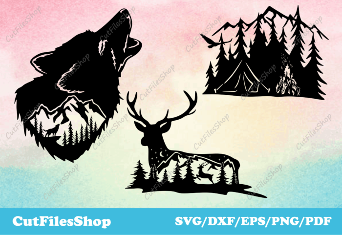 Wildlife dxf files, wolf dxf, deer dxf, forest dxf, download dxf files, svg cut files for cricut, dxf, svgs, nature dxf cut files, dxf decor, Wolf dxf download, Deer dxf download, Forest dxf download
