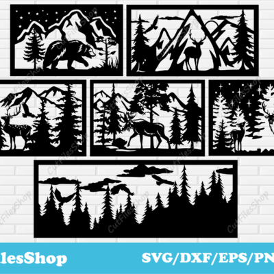 Nature panels dxf files for laser cutting, cnc files for plasma cut, svg cut files for cricut, Dxf files, cnc files, dxf cut files, panels decor dxf, svg cut files, deer dxf, moose dxf, forest dxf, cnc cut files, mountains scene dxf, wall decor cnc dxf, bear scene dxf, deer scene dxf, home decor dxf, wildlife scene dxf, cutting machine files, panels art dxf, cut files, cricut svg, dxf for cnc, animal clipart, animal scene dxf, laser cut files, plasma cut files