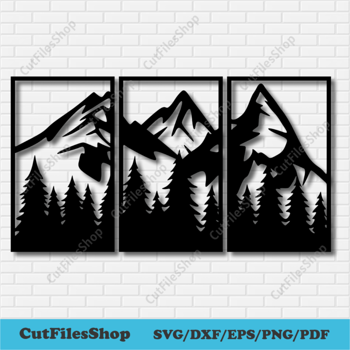 Mountains panels dxf for cnc router, Dxf files for Laser cut, Dxf for cnc Plasma cut, vinyl decal dxf, wall art dxf, panels dxf for plasma, pine forest dxf, nature panels dxf, vector cnc files, nature svg files, home decor dxf, cutting files, download dxf files, cut files shop