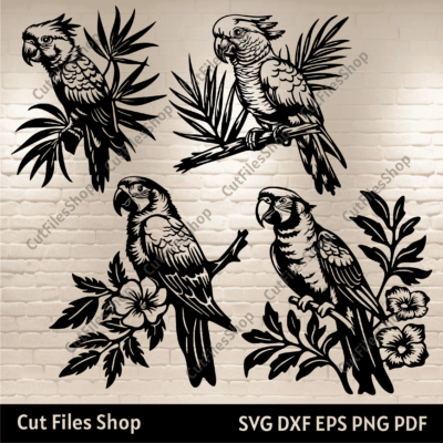 Parrots Svg files, Parrot for Cricut, Parrot Dxf for Laser cut, kakadu svg, Vinyl Cutting File, Parrot on a Tree Svg, Parrot Macaw Svg, Paper cut templates, birds dxf for laser, engraving cnc files, bundle birds svg dxf files, cut files shop