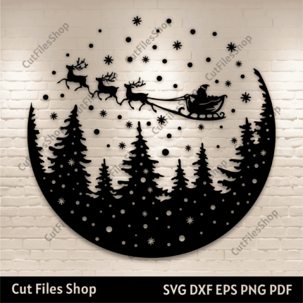 Santa Sleigh and Reindeer SVG for Cricut & Silhouette, Christmas Night DXF for CNC, DIY Holiday Decoration, Trendy Svg