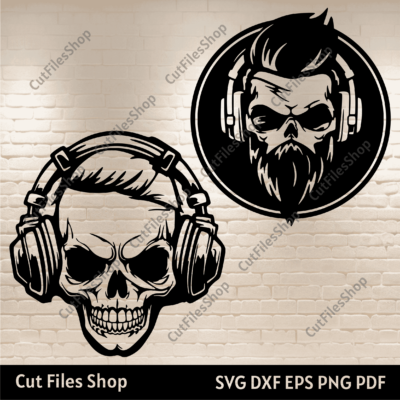 Skulls svg files, T Shirt Design, Headphones Svg, Halloween Skull svg, Dxf for cnc cutting, laser engraving files, halloween party svg, halloween cricut, wall halloween decor svg dxf, where download svg for halloween, cut files shop halloween