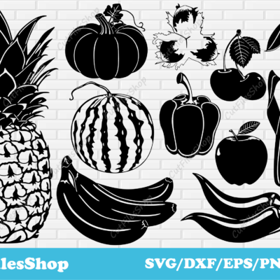 Fruits, vegetables svg cut files for cricut, Dxf files for CNC machines, vector for shirt designs, apple svg, nut svg, corn svg, lemon svg, pepper svg, cherry svg, watermelon svg, pumpkin svg, pineapple svg, bananas svg, fruits for cricut, cut files shop, cutting svg files, dxf files, free download svg dxf files, Collection svg cut files for CNC machines, SVG files for cricut, Eps files, DXF for laser cut, engraving laser files, vector for shirts, illustrator vector file