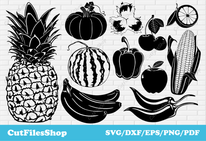 Fruits, vegetables svg cut files for cricut, Dxf files for CNC machines, vector for shirt designs, apple svg, nut svg, corn svg, lemon svg, pepper svg, cherry svg, watermelon svg, pumpkin svg, pineapple svg, bananas svg, fruits for cricut, cut files shop, cutting svg files, dxf files, free download svg dxf files, Collection svg cut files for CNC machines, SVG files for cricut, Eps files, DXF for laser cut, engraving laser files, vector for shirts, illustrator vector file