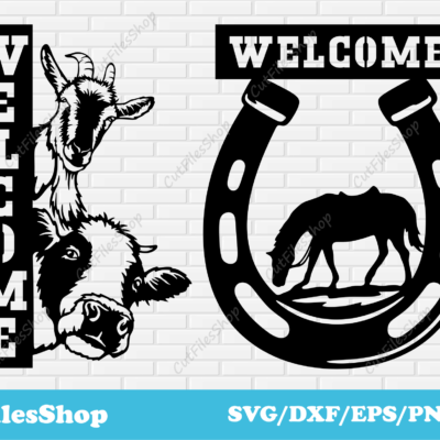 Welcome cutting files, dxf for laser, files for plasma cut, svg for cricut, CNC cut files, welcome dxf, farm animals dxf, cow dxf, horseshoe dxf, cutting machine files, welcome dxf for laser cutting