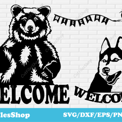 Welcome dxf files for laser cut, cutting metal dxf, dxf for plywood, dog welcome dxf, bear welcome dxf, bird welcome dxf, welcome svg dxf files, cut files, animals dxf for metal cut