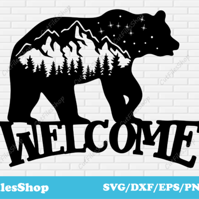 Welcome bear dxf files for laser cutting metal, files for plasma cut, water jet cutting dxf, metal cutting dxf, bear decor dxf, home decor dxf, Cut Files Shop, bear scene dxf, welcome metal decor dxf, forest scene dxf, welcome dxf cut files