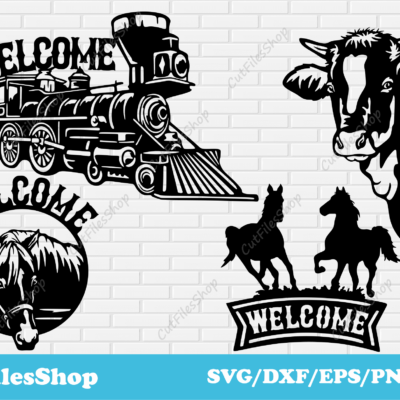 Welcome sign dxf for laser cut, DXF files of Welcome Signs, farm animals decor dxf, train welcome dxf, garden art dxf file, svg welcome for cricut, cow welcome dxf, horses welcome dxf, Cutting Digital Download, Laser Cut Garden Decorations, Metal Art Projects, Dxf for Laser cutting, CNC plasma cut files