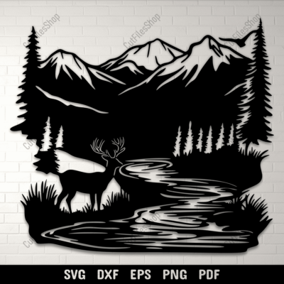 Preview of Wildlife DXF for CNC Cutting, Deer SVG for Cricut Projects, Mountain Scene Design