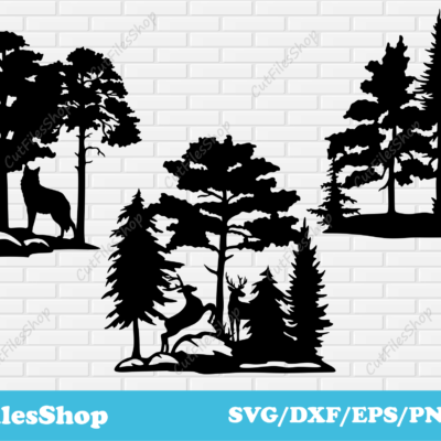 Nature scenes dxf for cnc laser cutting, CNC files for plasma, Animals scenes dxf, Cut Files Shop, wolf scene dxf for cricut, deer scene dxf svg for laser, plasma cutting dxf bear, forest dxf for cnc, wildlife scene dxf svg for cnc cutting