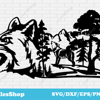 Wildlife scene dxf file for laser cutting, svg cut file for cricut, t shirt designs vector, vinyl cutting files, dxf files for plasma, animals dxf files, dxf for cnc, cut files, cnc files, svg cutting, bear dxf, wolf dxf, animals svg for cricut, forest dxf, decor dxf cut, mountains dxf for laser cut, nature scene dxf for cnc plasma cut, free dxf, download dxf