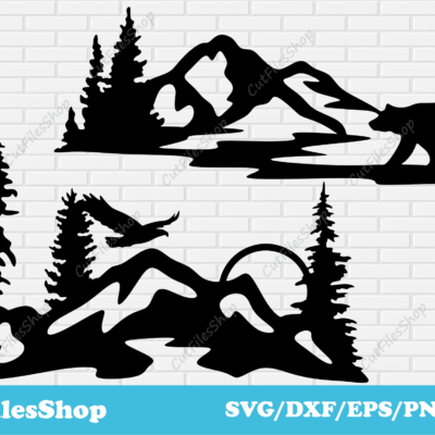 Mountains scenes dxf, Cut files for Laser, Cutting cricut files, forest animals scenes dxf, Plasma cut files, wall stickers svg, mountains dxf files, bear scenes dxf, eagle scenes dxf, forest scenes dxf files for laser