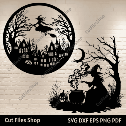 Witch Stirring Bubbling Pot SVG, Flying Witch Cut Files for Cricut & Silhouette, DXF for CNC Metal Cutting, Halloween Sublimation Design, Best free svg site