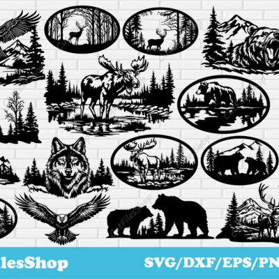 Animals scenes dxf for Laser and Plasma cutting, oval nature scenes for decor making, dxf for cnc, wildlife scenes svg for cricut - Cut Files Shop