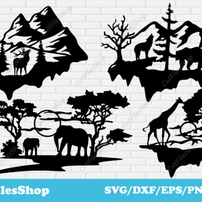 Animals scenes dxf for laser cutting, Mountains scenes svg for cricut, Decor Making dxf, Wall stickers making svg - Cut Files Shop